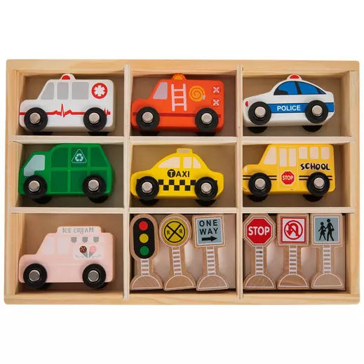 Juego de Carritos de Madera y Señales