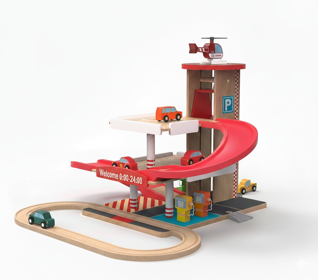 Estacionamiento de Madera con Rieles y Ascensor