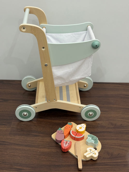Carrito de Súper de Madera + Set de Frutas y Verduras para Cortar